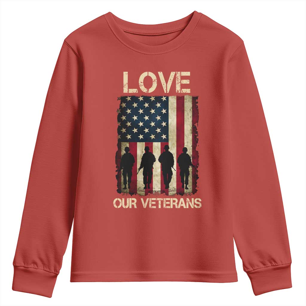 Love Our Veterans Youth Sweatshirt US Veterans Day Proud Military Family US Flag TS10 Red Print Your Wear