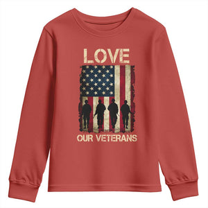 Love Our Veterans Youth Sweatshirt US Veterans Day Proud Military Family US Flag TS10 Red Print Your Wear