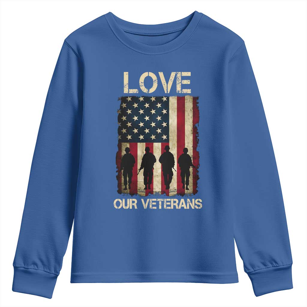 Love Our Veterans Youth Sweatshirt US Veterans Day Proud Military Family US Flag TS10 Royal Blue Print Your Wear