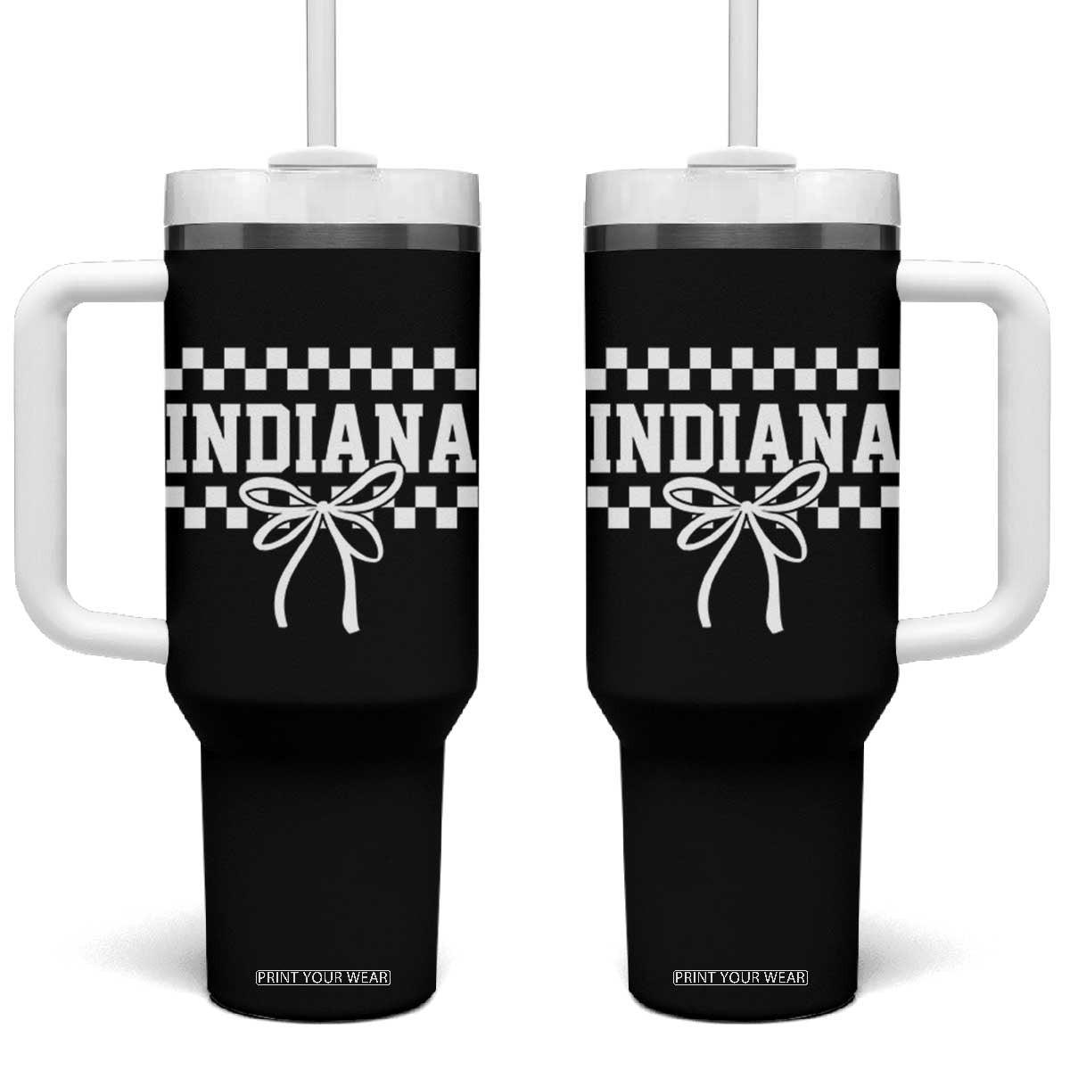 Retro Indiana Tumbler With Handle Coquette Bow Checkered Women Girls Kids TS10 One Size: 40 oz Black Print Your Wear
