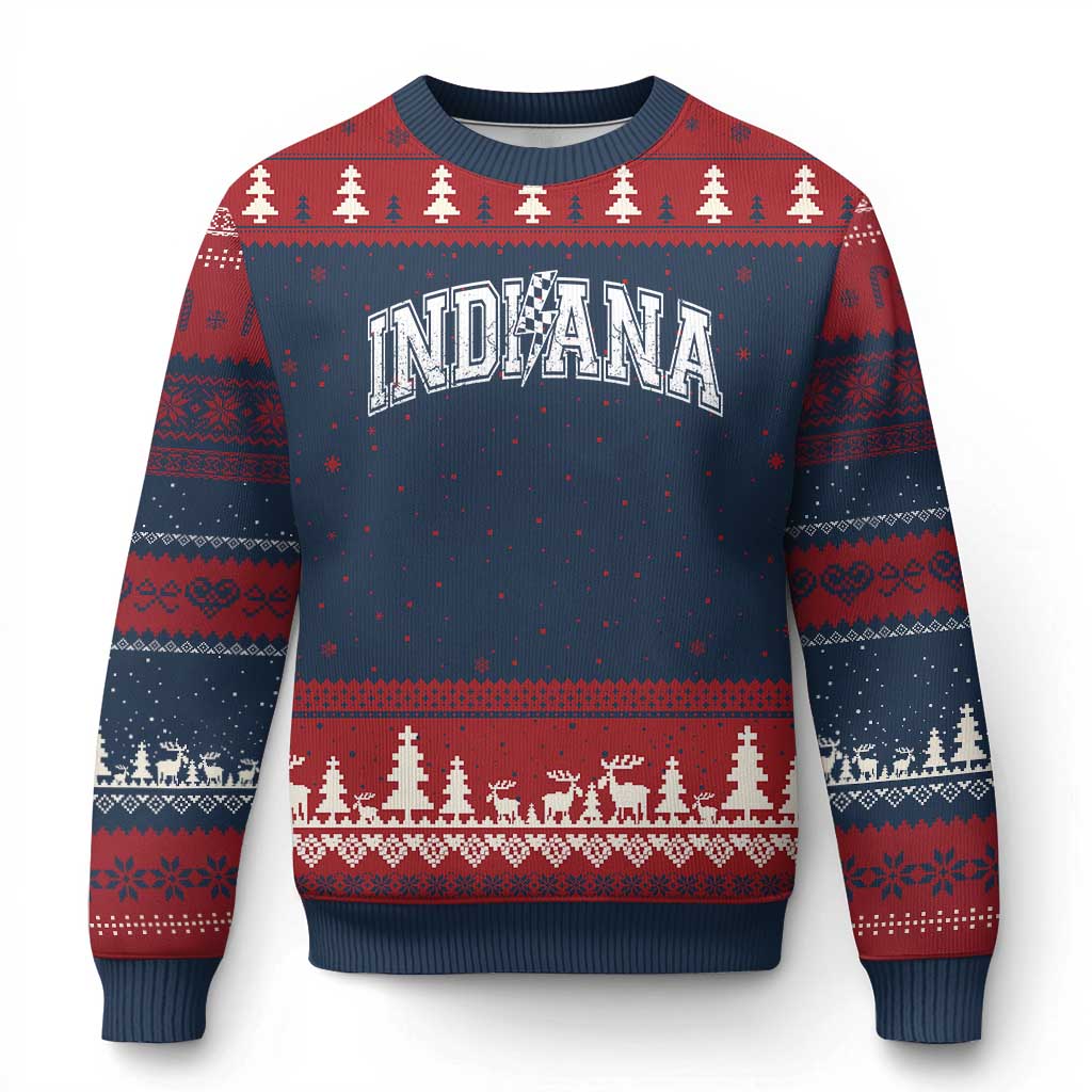 Indiana Fan Ugly Christmas Sweater Vintage City Game Day Lightning Bolt Checkered Varsity TS10 Navy Red Print Your Wear