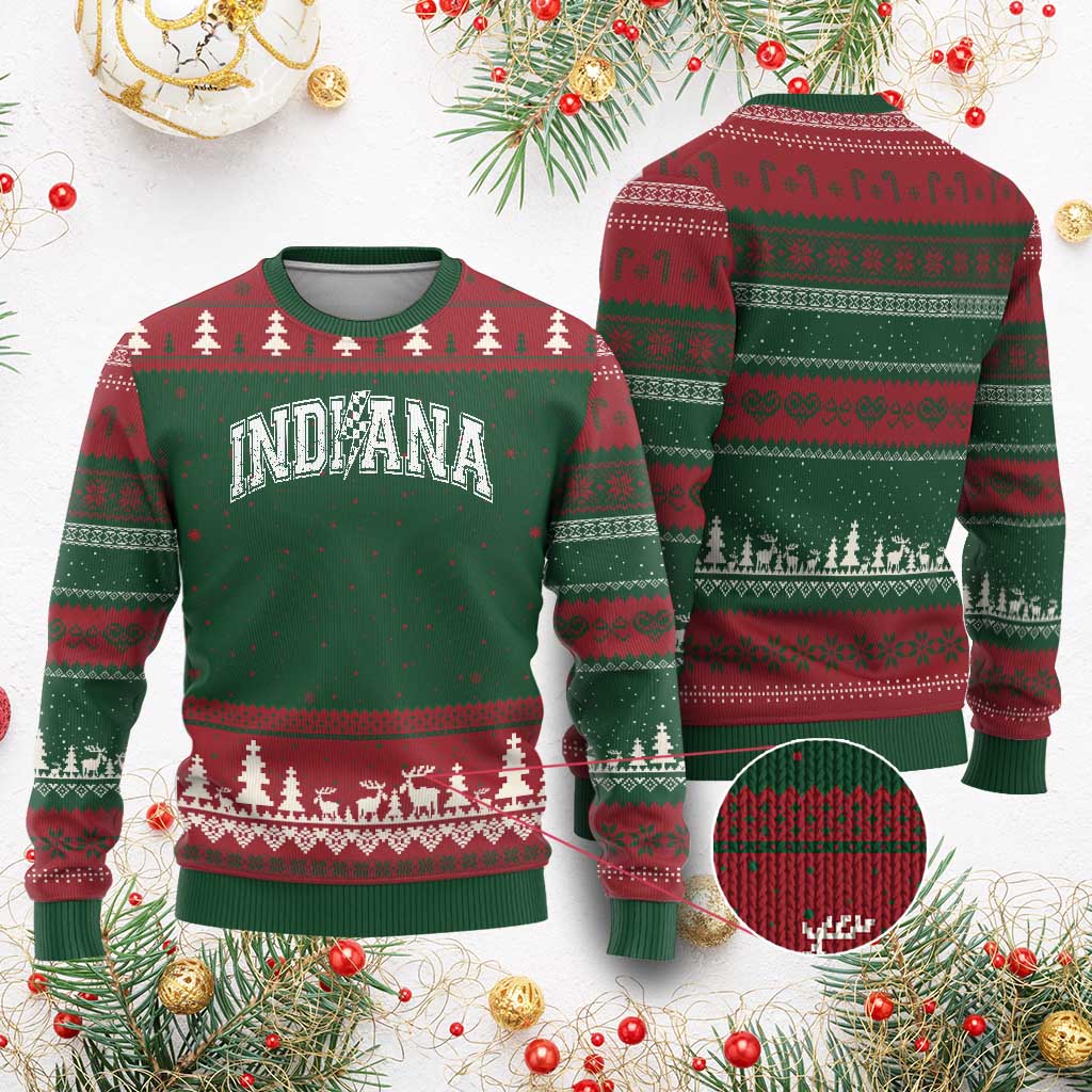Indiana Fan Ugly Christmas Sweater Vintage City Game Day Lightning Bolt Checkered Varsity TS10 Red Green Print Your Wear