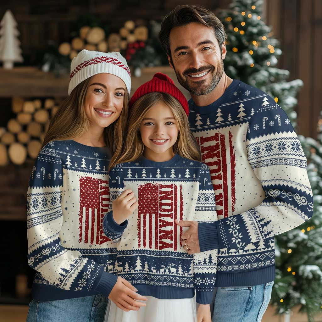 Vintage Indiana Ugly Christmas Sweater Classic Retro City USA Flag Game Day TS10 Beige Navy Print Your Wear