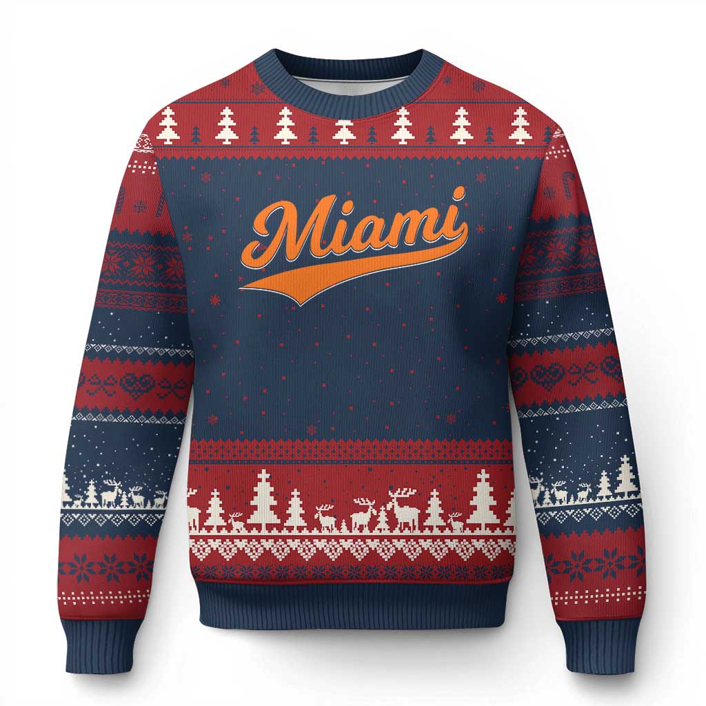 Vintage Miami Ugly Christmas Sweater Florida FL Varsity Script Retro Vintage Athletic Sports - Print Your Wear