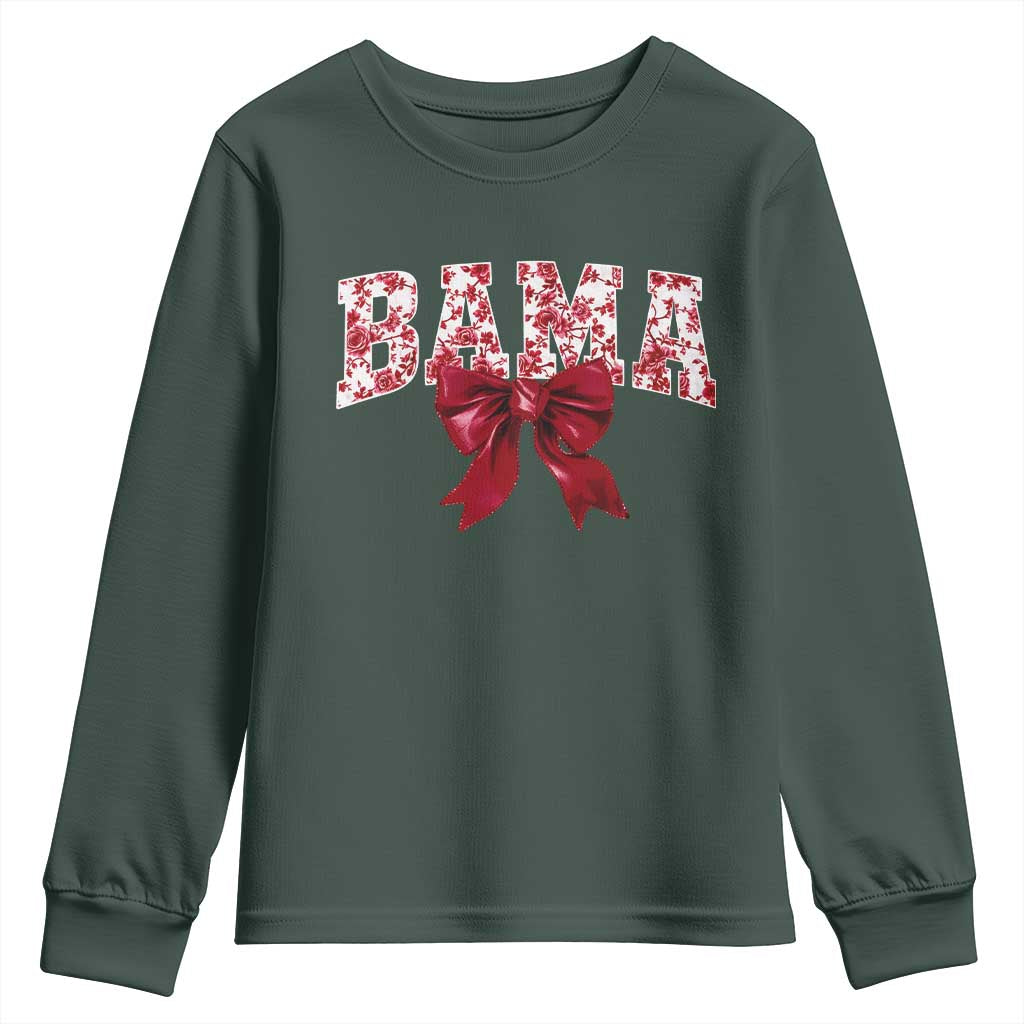 Vintage Bama Coquette Bow Youth Sweatshirt Retro Varsity Alabama Football Lover AL State TS10 Dark Forest Green Print Your Wear