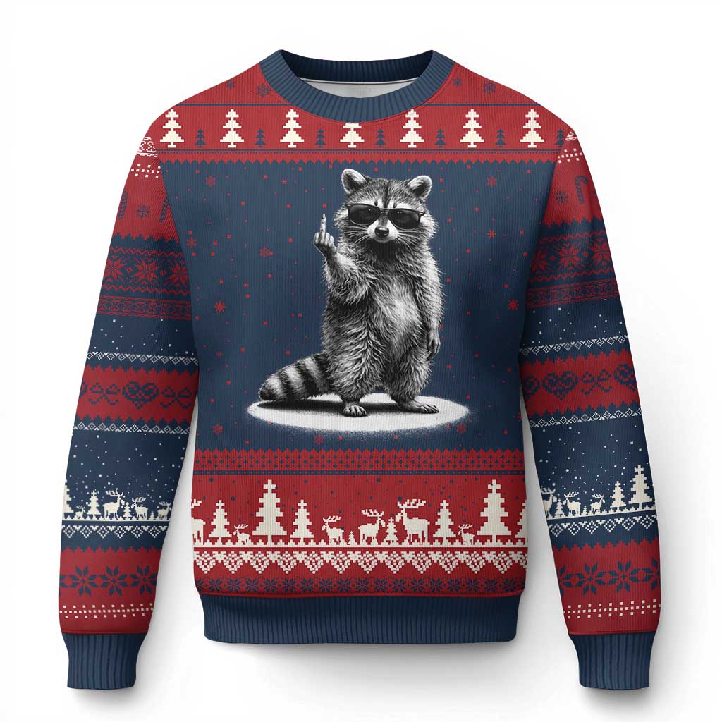 Raccoon Meme Ugly Christmas Sweater Middle Finger Trash Panda Sarcastic Humor TS10 Navy Red Print Your Wear
