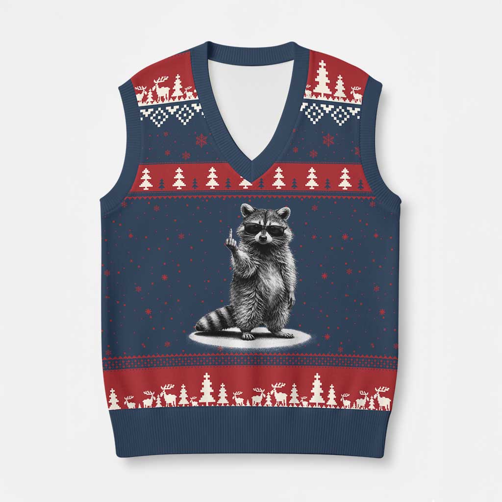 Raccoon Meme V-Neck Knit Sweater Vest Middle Finger Trash Panda Sarcastic Humor TS10 Navy Red Print Your Wear