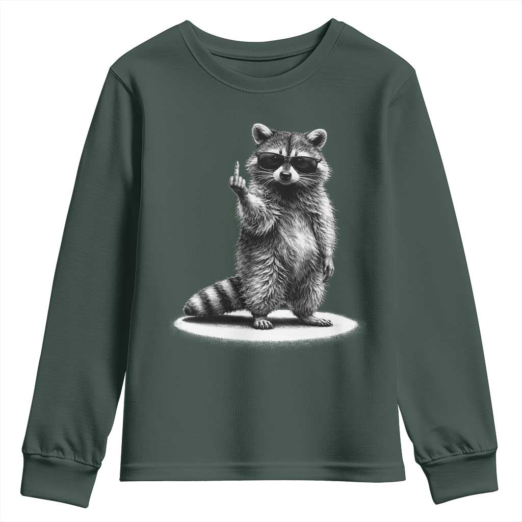 Raccoon Meme Youth Sweatshirt Middle Finger Trash Panda Sarcastic Humor TS10 Dark Forest Green Print Your Wear