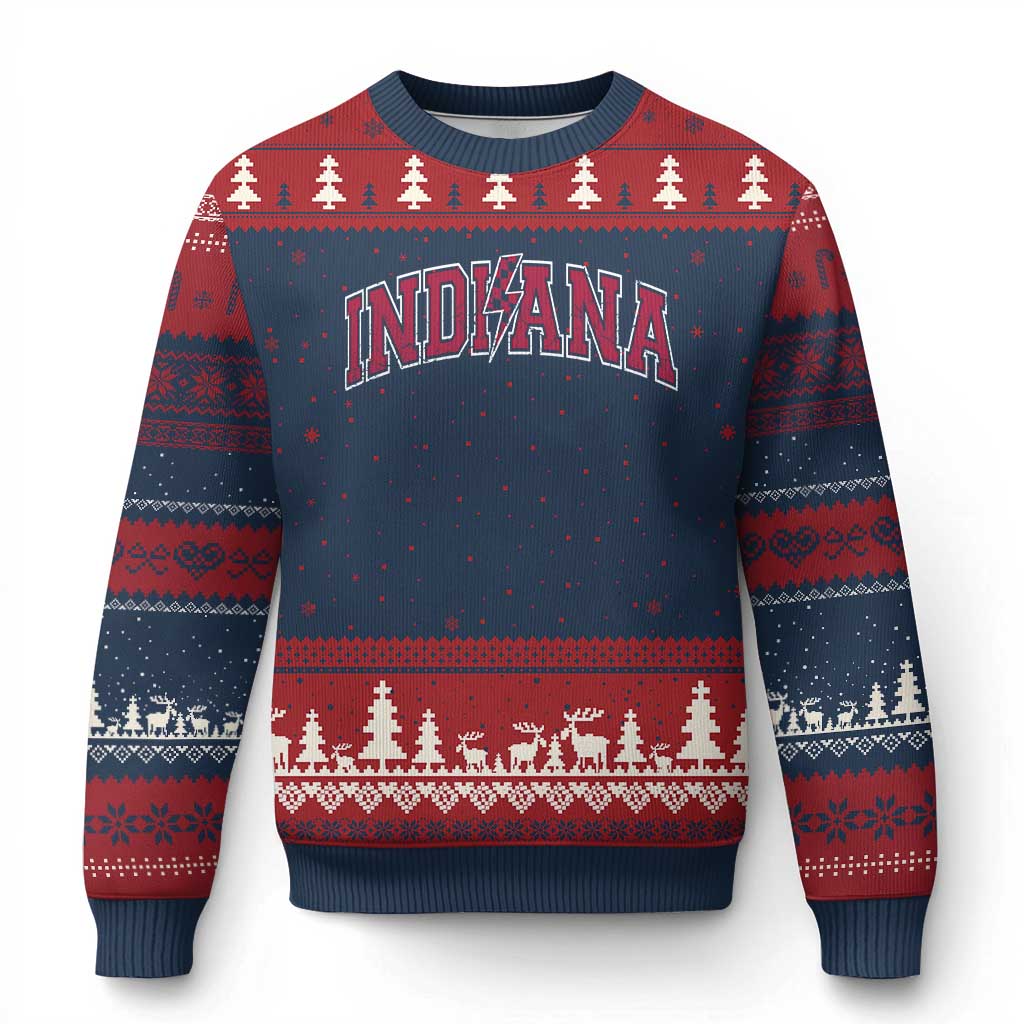 Indiana Ugly Christmas Sweater Vintage Retro Varsity City Lightning Bolt Checkered - Print Your Wear