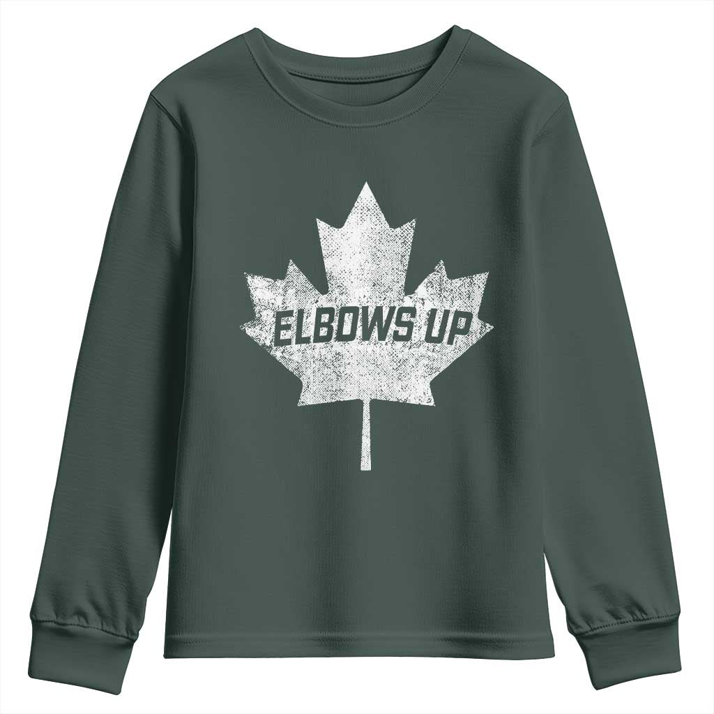 Elbows Up Canada Youth Sweatshirt True North Strong and Free Maple Leaf Proud Canadian TS10 Dark Forest Green Print Your Wear