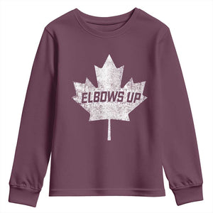 Elbows Up Canada Youth Sweatshirt True North Strong and Free Maple Leaf Proud Canadian TS10 Maroon Print Your Wear