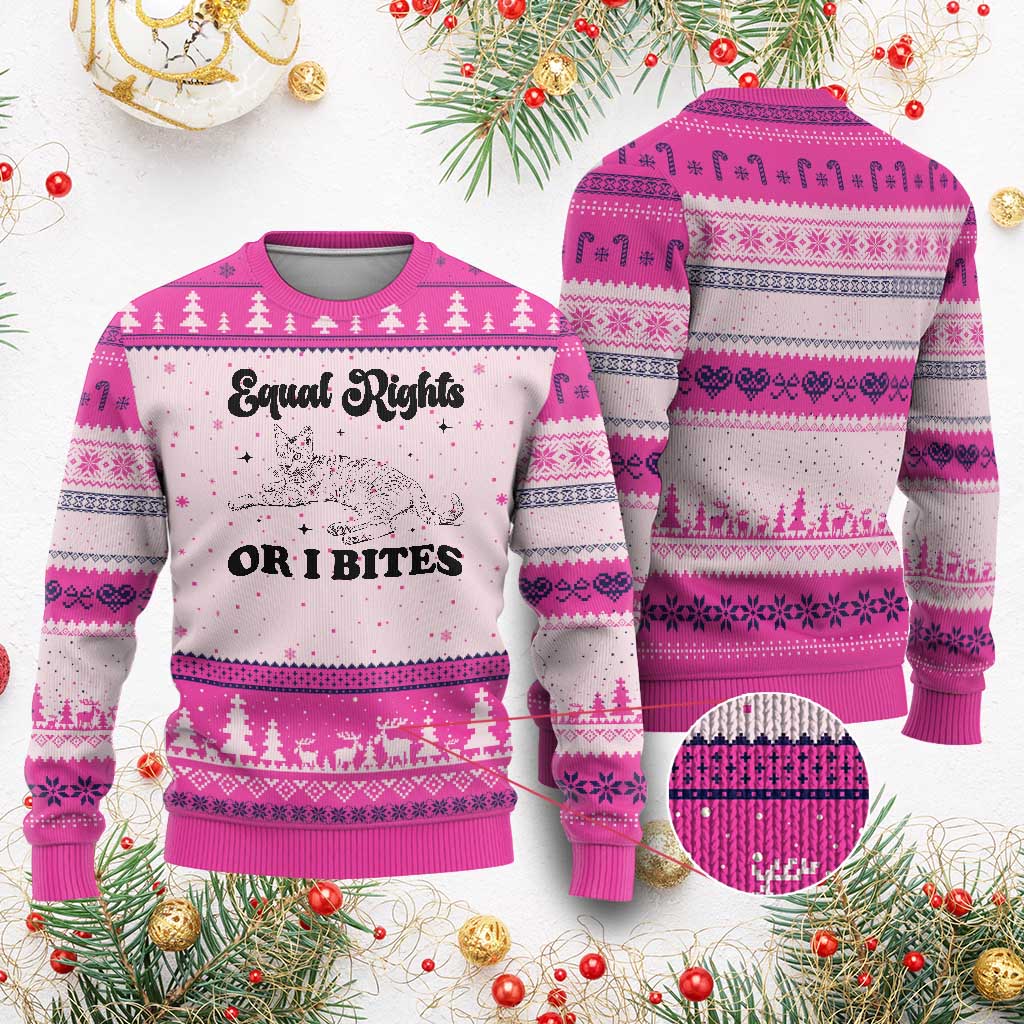 Feminist Cat Ugly Christmas Sweater Equal Rights or I Bites Human Rights TS10 Hot Pink Print Your Wear