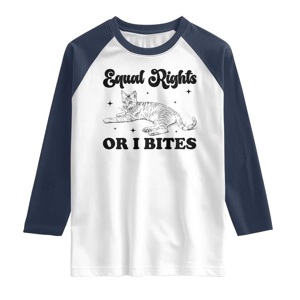 Feminist Cat Raglan Shirt Equal Rights or I Bites Human Rights TS10 White Navy Print Your Wear