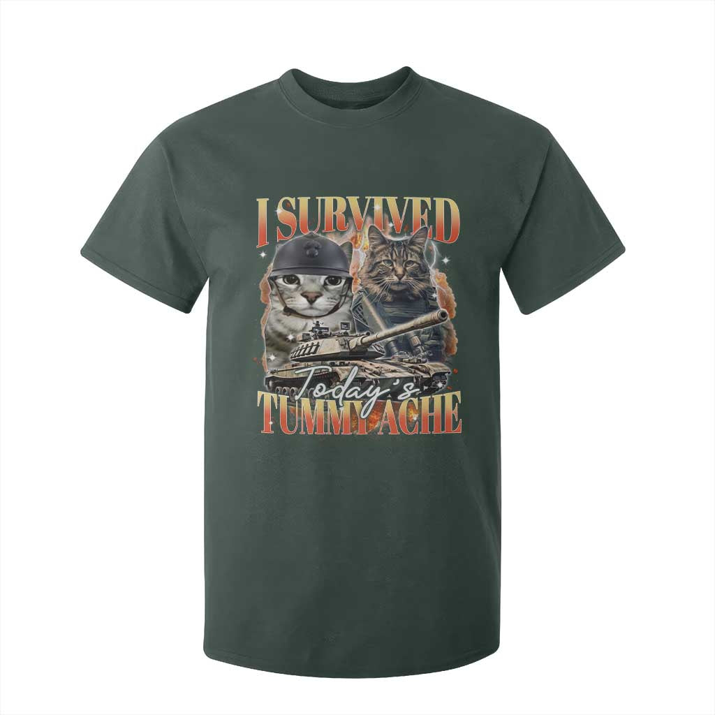Tummy Ache Survivor Cat Meme T Shirt For Kid Funny Saying Cats Bootleg TS10 Dark Forest Green Print Your Wear