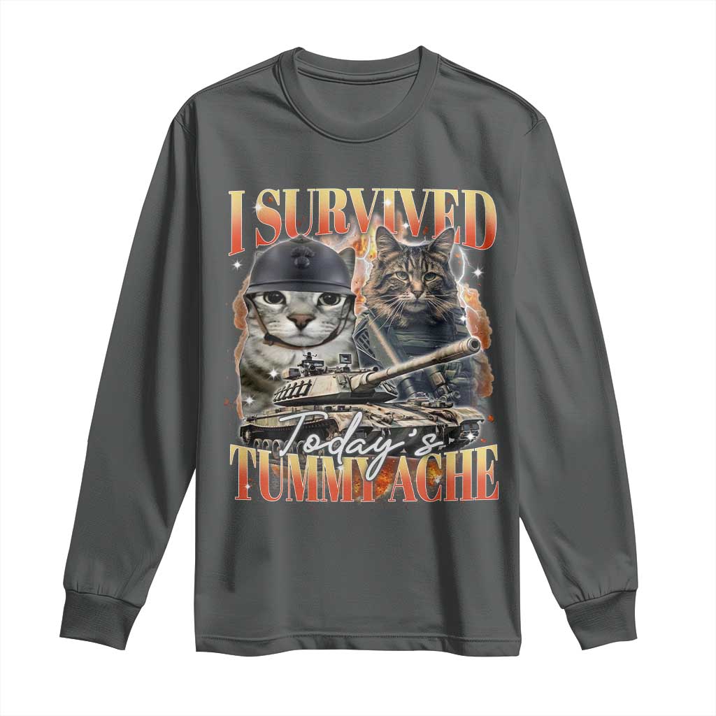 Tummy Ache Survivor Cat Meme Long Sleeve Shirt Funny Saying Cats Bootleg TS10 Dark Heather Print Your Wear