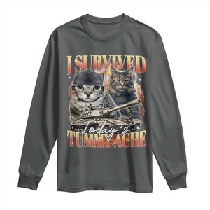 Tummy Ache Survivor Cat Meme Long Sleeve Shirt Funny Saying Cats Bootleg TS10 Dark Heather Print Your Wear