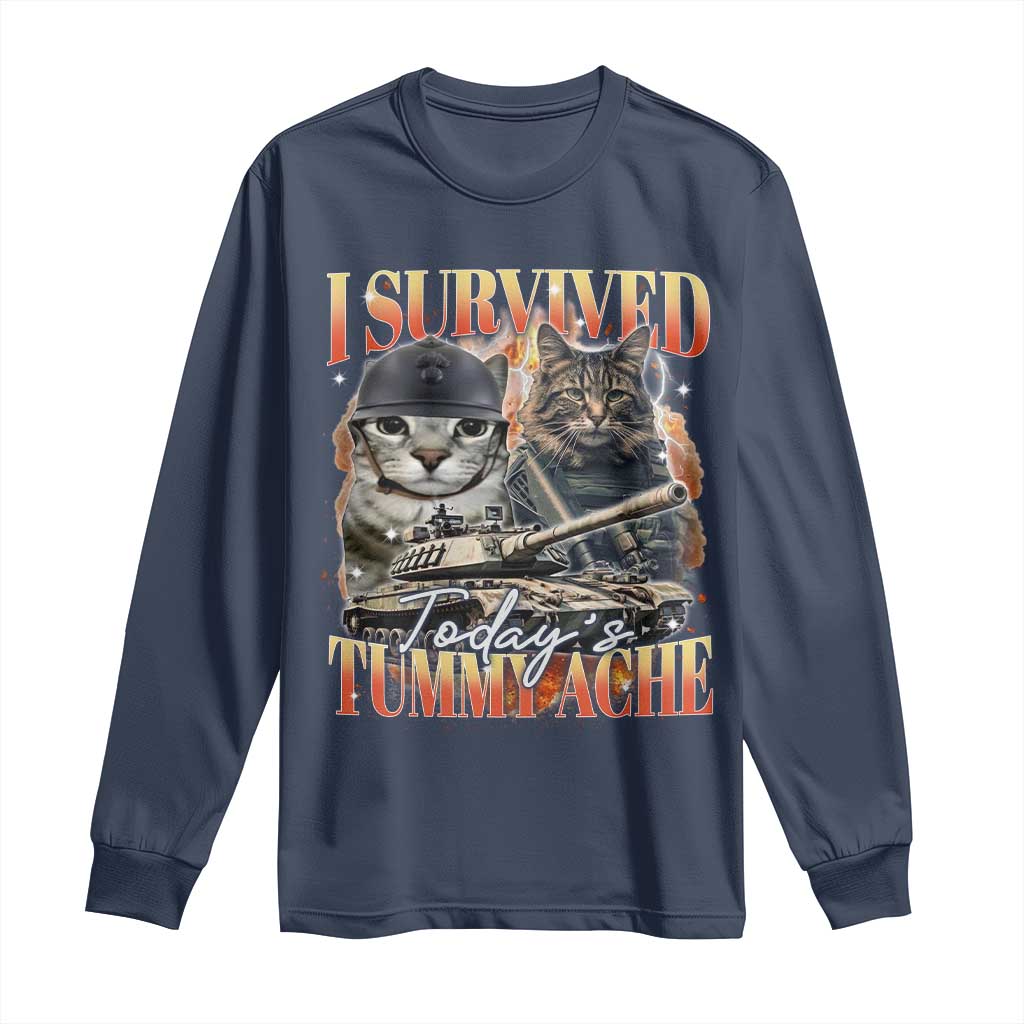 Tummy Ache Survivor Cat Meme Long Sleeve Shirt Funny Saying Cats Bootleg TS10 Navy Print Your Wear