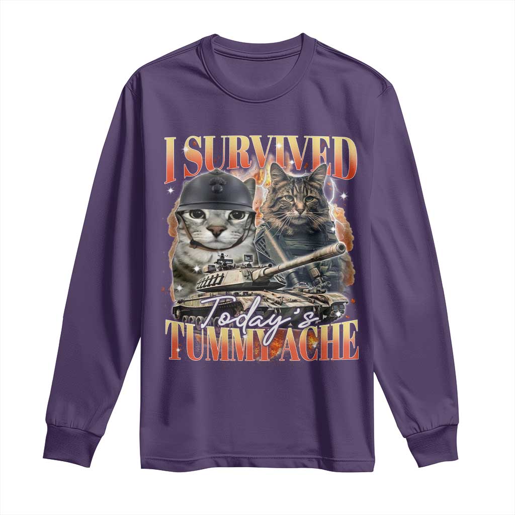 Tummy Ache Survivor Cat Meme Long Sleeve Shirt Funny Saying Cats Bootleg TS10 Purple Print Your Wear