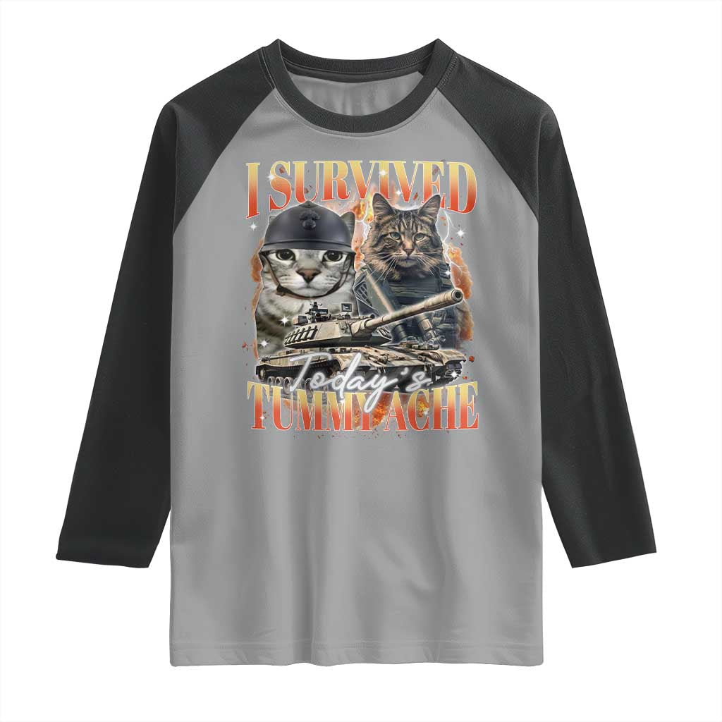Tummy Ache Survivor Cat Meme Raglan Shirt Funny Saying Cats Bootleg TS10 Sport Gray Black Print Your Wear