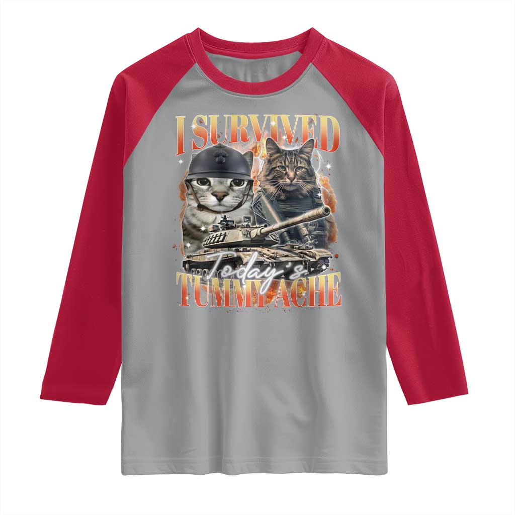 Tummy Ache Survivor Cat Meme Raglan Shirt Funny Saying Cats Bootleg TS10 Sport Gray Red Print Your Wear