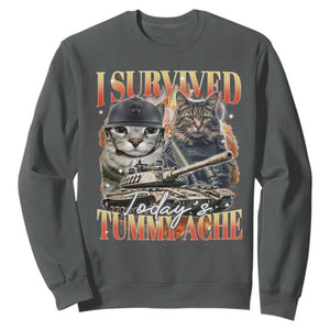 Tummy Ache Survivor Cat Meme Sweatshirt Funny Saying Cats Bootleg TS10 Dark Heather Print Your Wear
