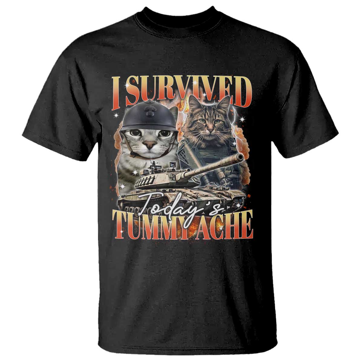 Tummy Ache Survivor Cat Meme T Shirt Funny Saying Cats Bootleg TS10 Black Print Your Wear
