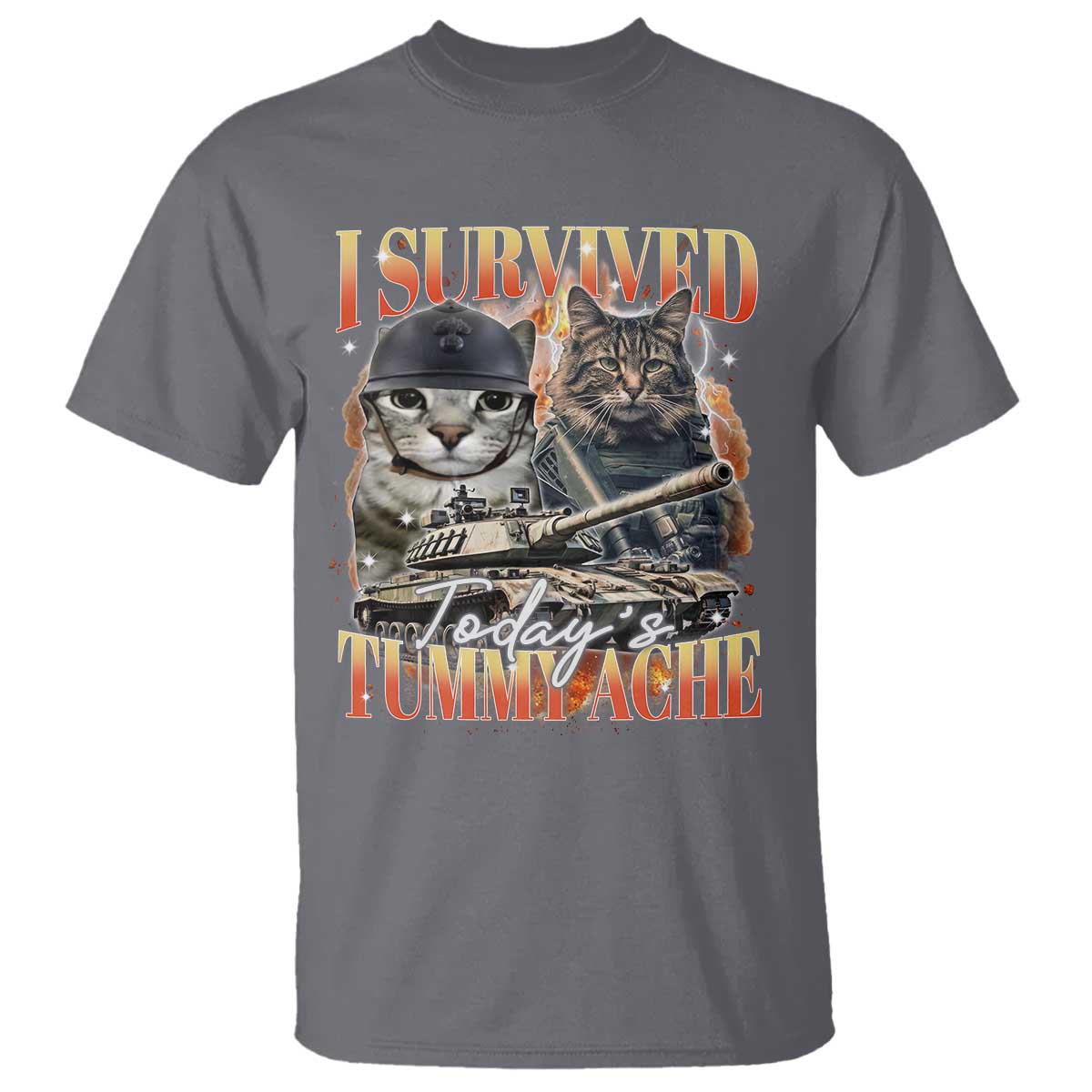 Tummy Ache Survivor Cat Meme T Shirt Funny Saying Cats Bootleg TS10 Charcoal Print Your Wear