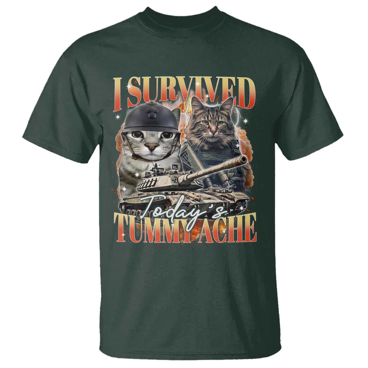 Tummy Ache Survivor Cat Meme T Shirt Funny Saying Cats Bootleg TS10 Dark Forest Green Print Your Wear