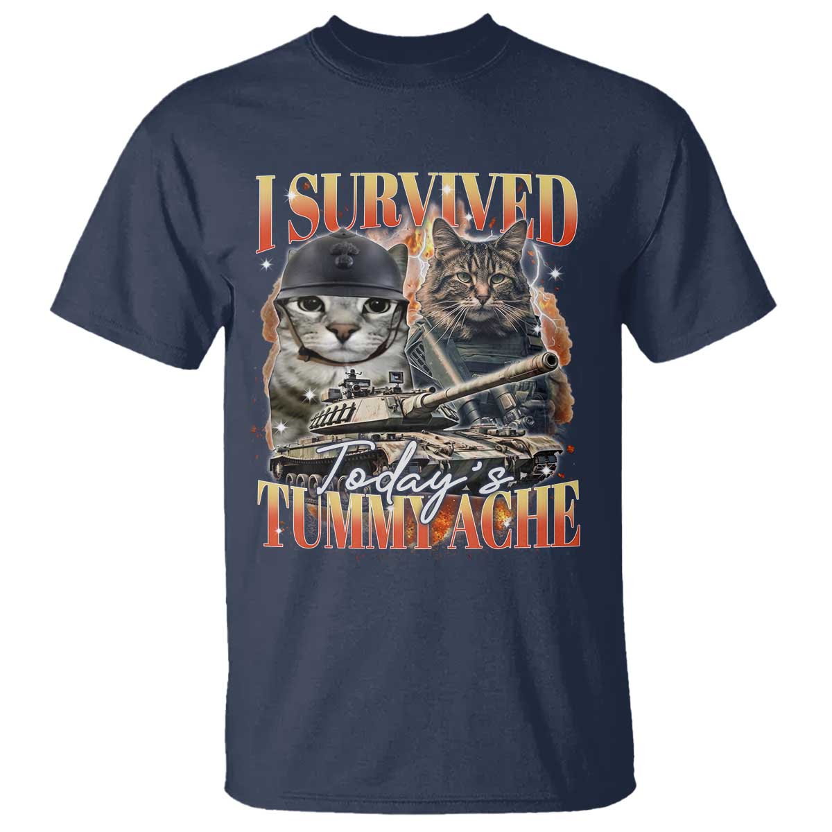 Tummy Ache Survivor Cat Meme T Shirt Funny Saying Cats Bootleg TS10 Navy Print Your Wear