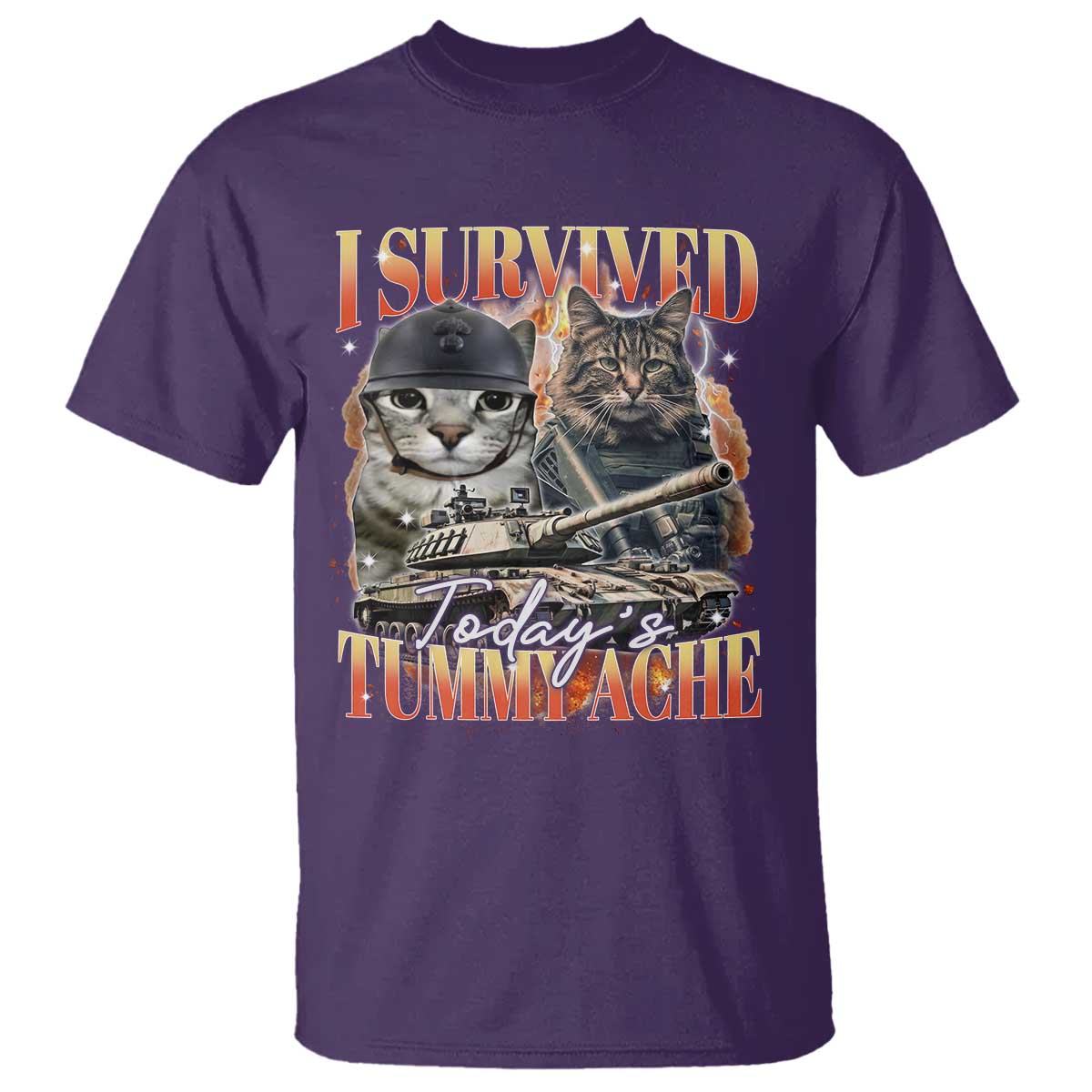 Tummy Ache Survivor Cat Meme T Shirt Funny Saying Cats Bootleg TS10 Purple Print Your Wear