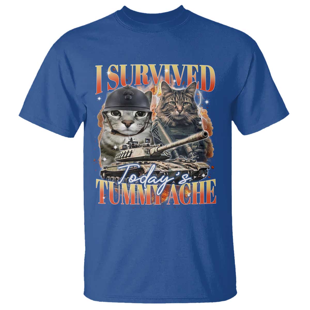 Tummy Ache Survivor Cat Meme T Shirt Funny Saying Cats Bootleg TS10 Royal Blue Print Your Wear