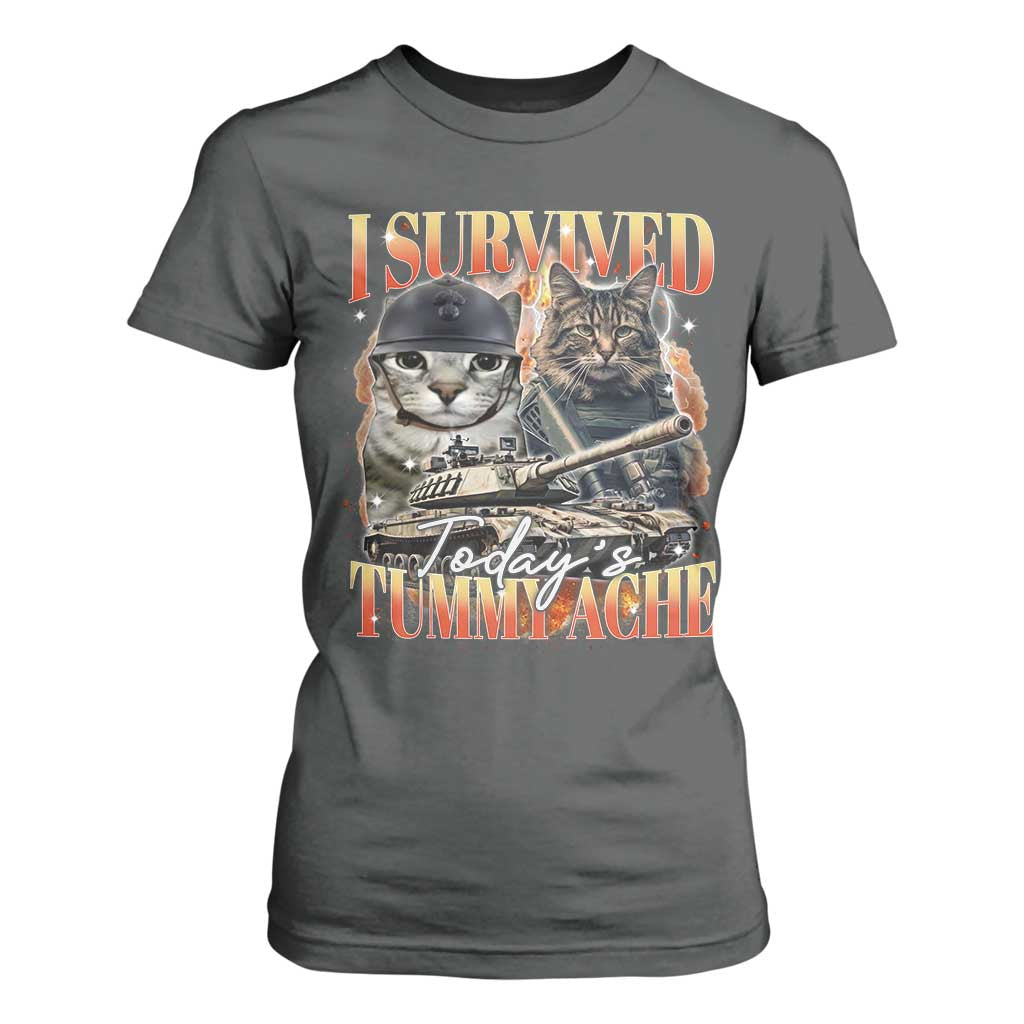 Tummy Ache Survivor Cat Meme T Shirt For Women Funny Saying Cats Bootleg TS10 Dark Heather Print Your Wear