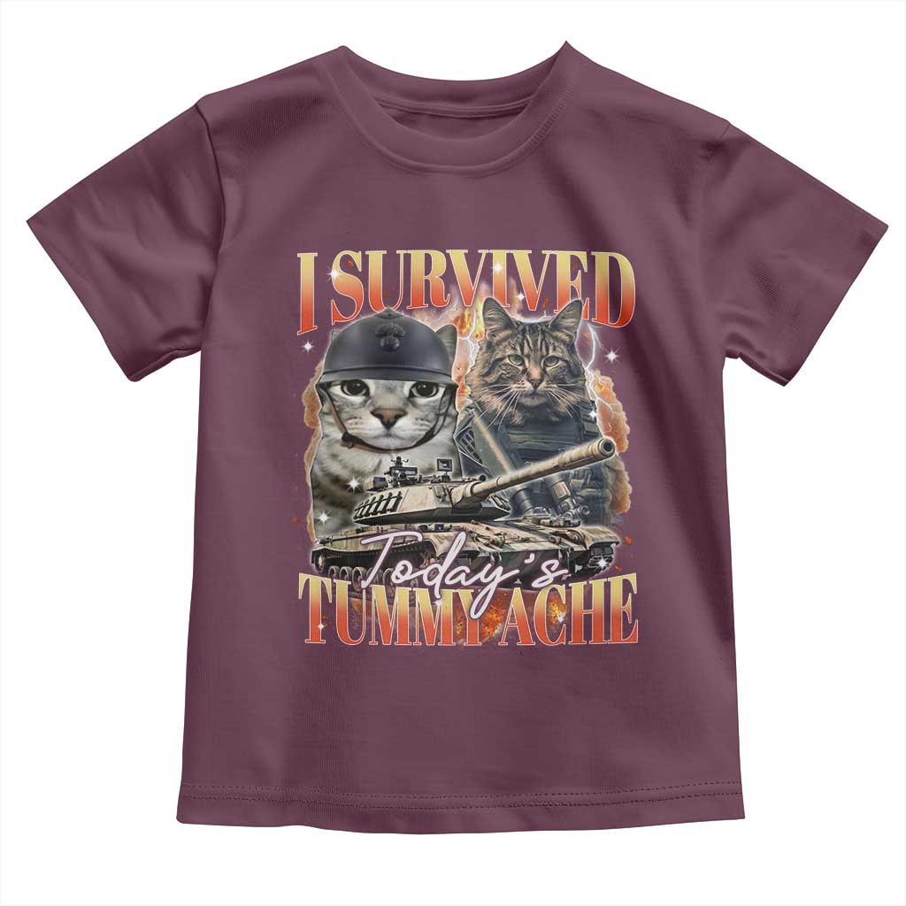 Tummy Ache Survivor Cat Meme Toddler T Shirt Funny Saying Cats Bootleg TS10 Maroon Print Your Wear