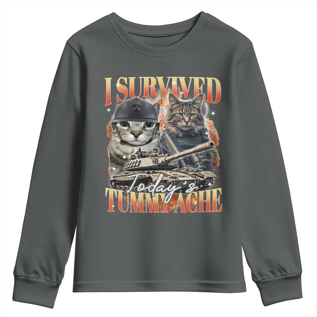 Tummy Ache Survivor Cat Meme Youth Sweatshirt Funny Saying Cats Bootleg TS10 Dark Heather Print Your Wear