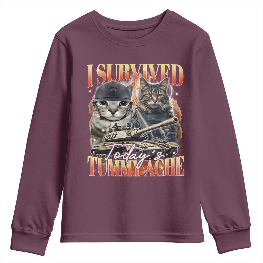 Tummy Ache Survivor Cat Meme Youth Sweatshirt Funny Saying Cats Bootleg TS10 Maroon Print Your Wear