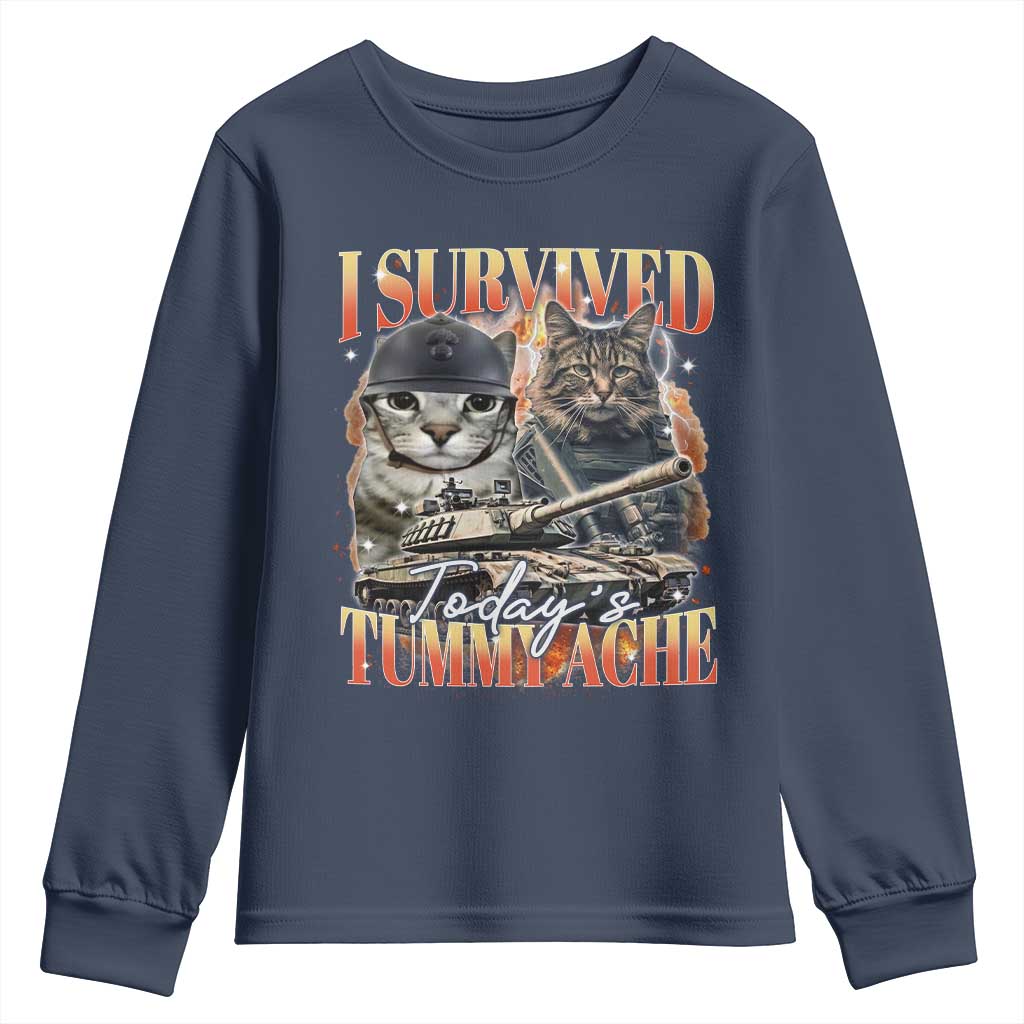 Tummy Ache Survivor Cat Meme Youth Sweatshirt Funny Saying Cats Bootleg TS10 Navy Print Your Wear