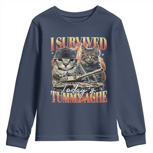 Tummy Ache Survivor Cat Meme Youth Sweatshirt Funny Saying Cats Bootleg TS10 Navy Print Your Wear
