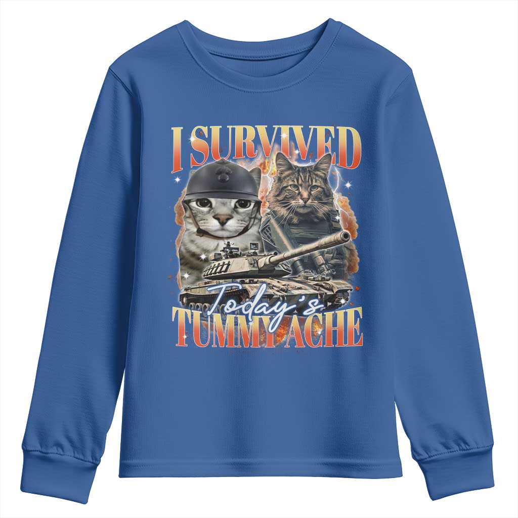 Tummy Ache Survivor Cat Meme Youth Sweatshirt Funny Saying Cats Bootleg TS10 Royal Blue Print Your Wear