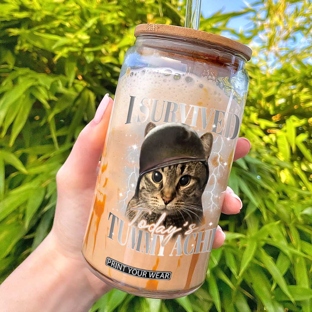 Tummy Ache Survivor Cat Meme Glass Can Funny Saying Cats Cat Bootleg TS10 Black Print Your Wear