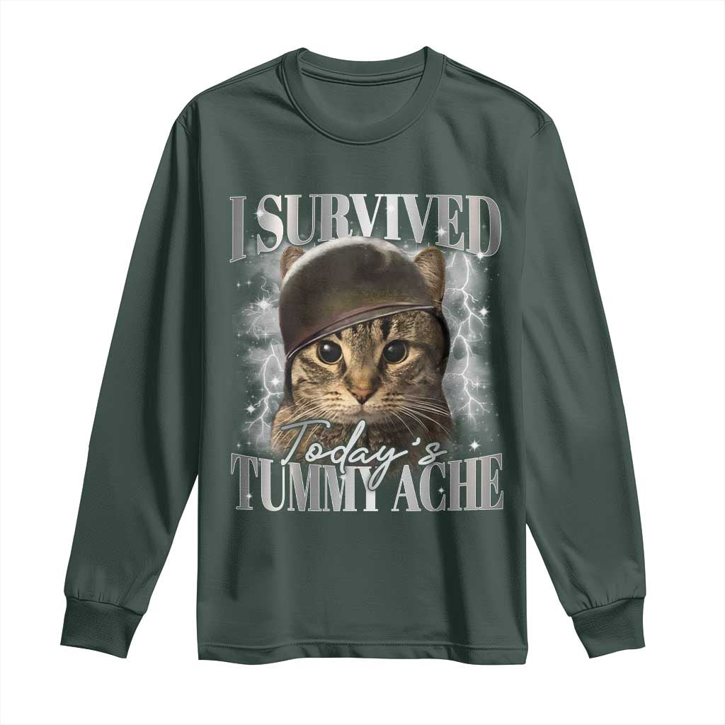 Tummy Ache Survivor Cat Meme Long Sleeve Shirt Funny Saying Cats Cat Bootleg TS10 Dark Forest Green Print Your Wear