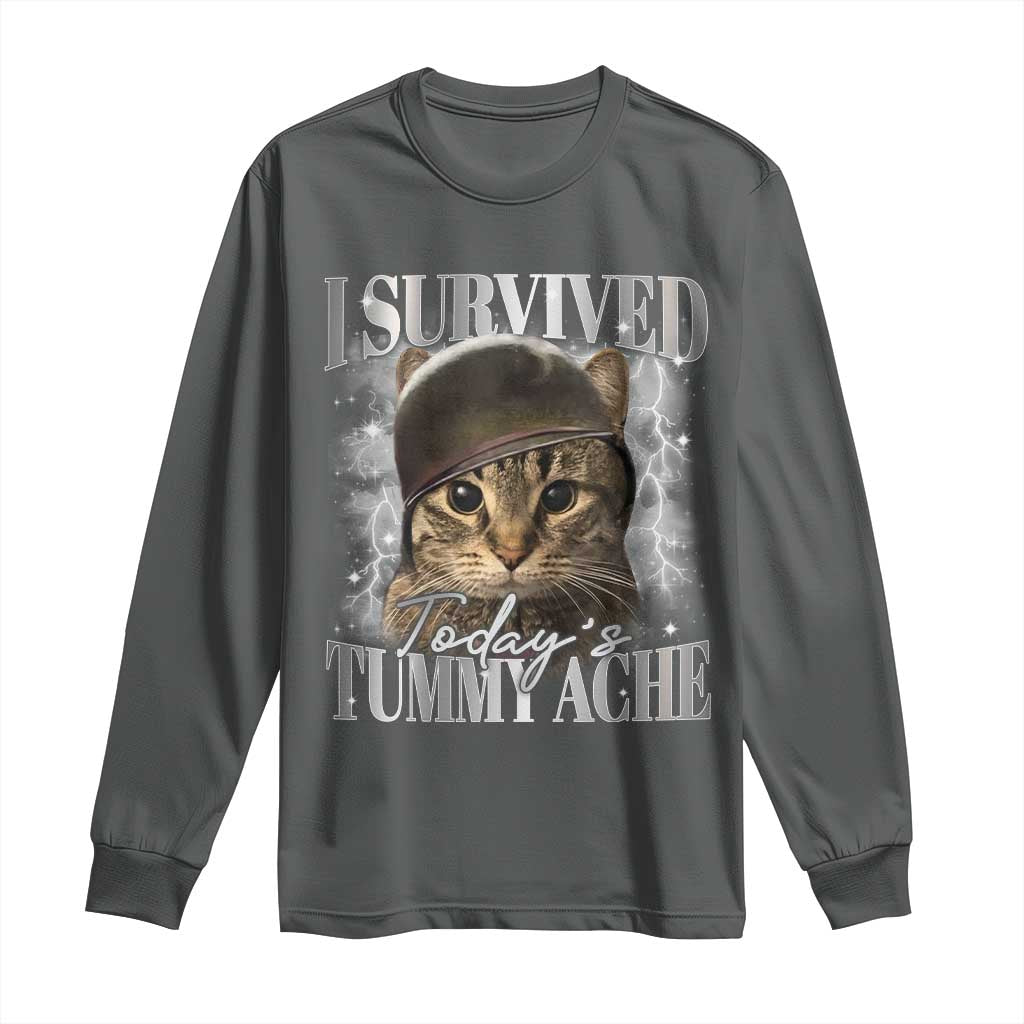 Tummy Ache Survivor Cat Meme Long Sleeve Shirt Funny Saying Cats Cat Bootleg TS10 Dark Heather Print Your Wear