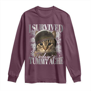 Tummy Ache Survivor Cat Meme Long Sleeve Shirt Funny Saying Cats Cat Bootleg TS10 Maroon Print Your Wear