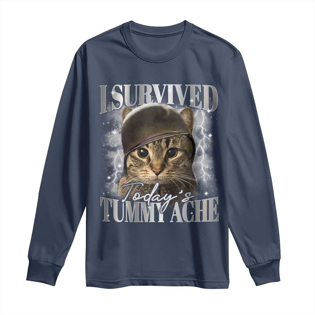 Tummy Ache Survivor Cat Meme Long Sleeve Shirt Funny Saying Cats Cat Bootleg TS10 Navy Print Your Wear