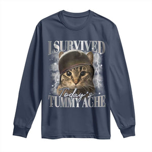 Tummy Ache Survivor Cat Meme Long Sleeve Shirt Funny Saying Cats Cat Bootleg TS10 Navy Print Your Wear