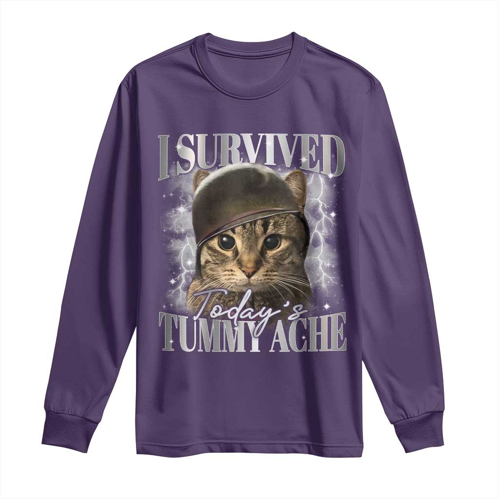 Tummy Ache Survivor Cat Meme Long Sleeve Shirt Funny Saying Cats Cat Bootleg TS10 Purple Print Your Wear