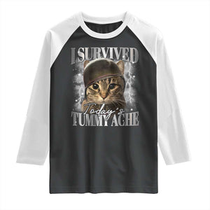 Tummy Ache Survivor Cat Meme Raglan Shirt Funny Saying Cats Cat Bootleg TS10 Black White Print Your Wear