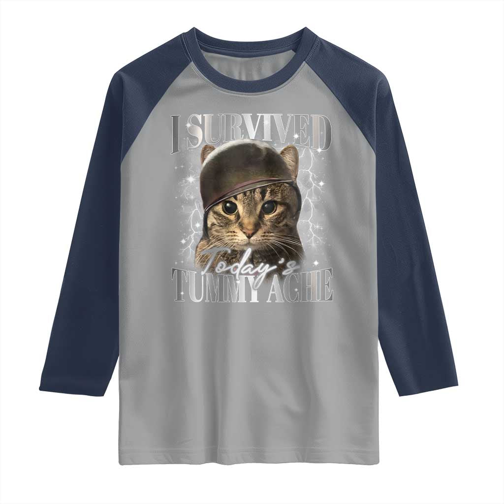 Tummy Ache Survivor Cat Meme Raglan Shirt Funny Saying Cats Cat Bootleg TS10 Sport Gray Navy Print Your Wear