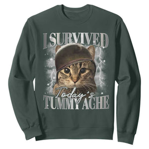 Tummy Ache Survivor Cat Meme Sweatshirt Funny Saying Cats Cat Bootleg TS10 Dark Forest Green Print Your Wear