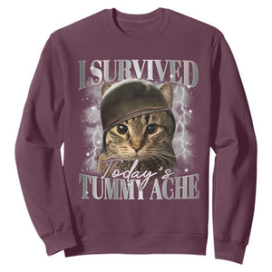 Tummy Ache Survivor Cat Meme Sweatshirt Funny Saying Cats Cat Bootleg TS10 Maroon Print Your Wear