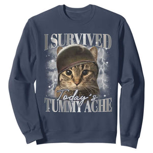 Tummy Ache Survivor Cat Meme Sweatshirt Funny Saying Cats Cat Bootleg TS10 Navy Print Your Wear